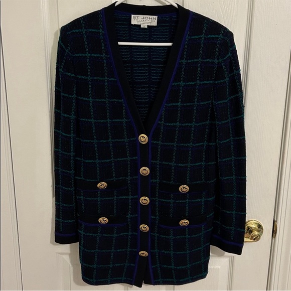 St. John Collection Marie Gray Plaid Knit Cardigan Gold Crest Buttons Size Small